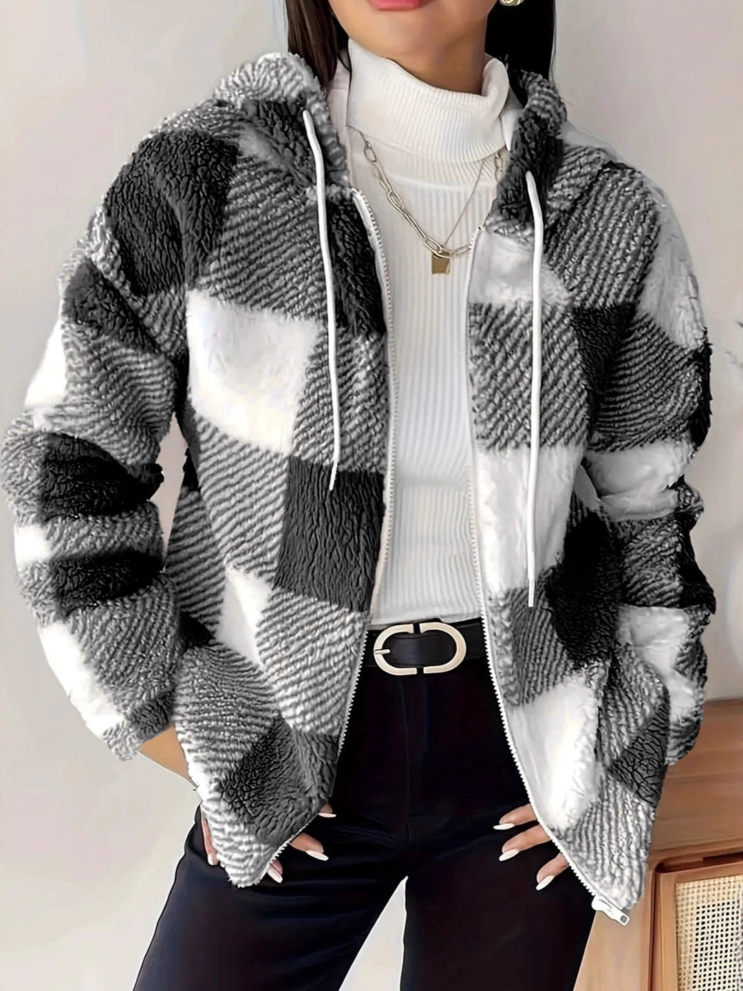 Drune | Kariert Teddy Hoodie Jacke | Warm und Bequem für den Winter