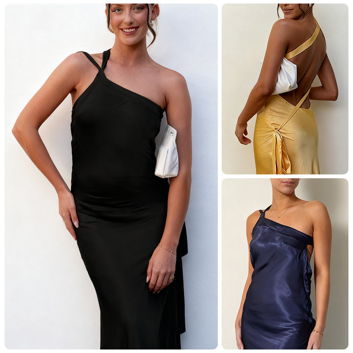 Damen elegantes Maxikleid mit asymmetrischem Halterdesign und schimmerndem Satin Drune