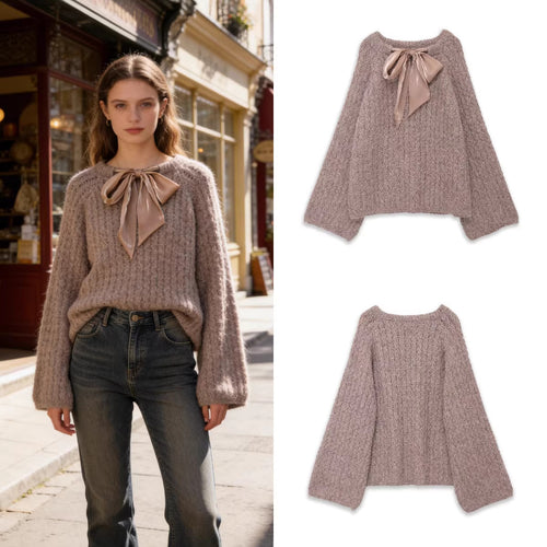 Damen Oversize Mohair-Optik Strickpullover mit Rückenschleife Drune