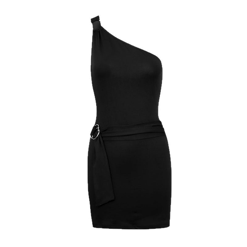Damen Einseitig Schulterfreies Minikleid mit dekorativem Taillengürtel Drune