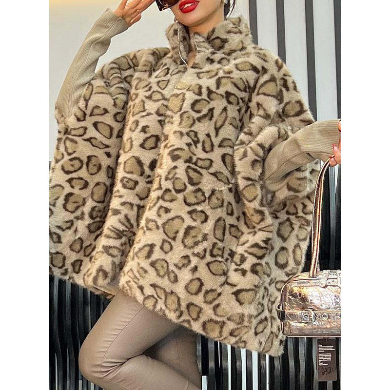 Damen Elegante Plüschjacke mit Leopardenmuster und hohem Kragen Drune