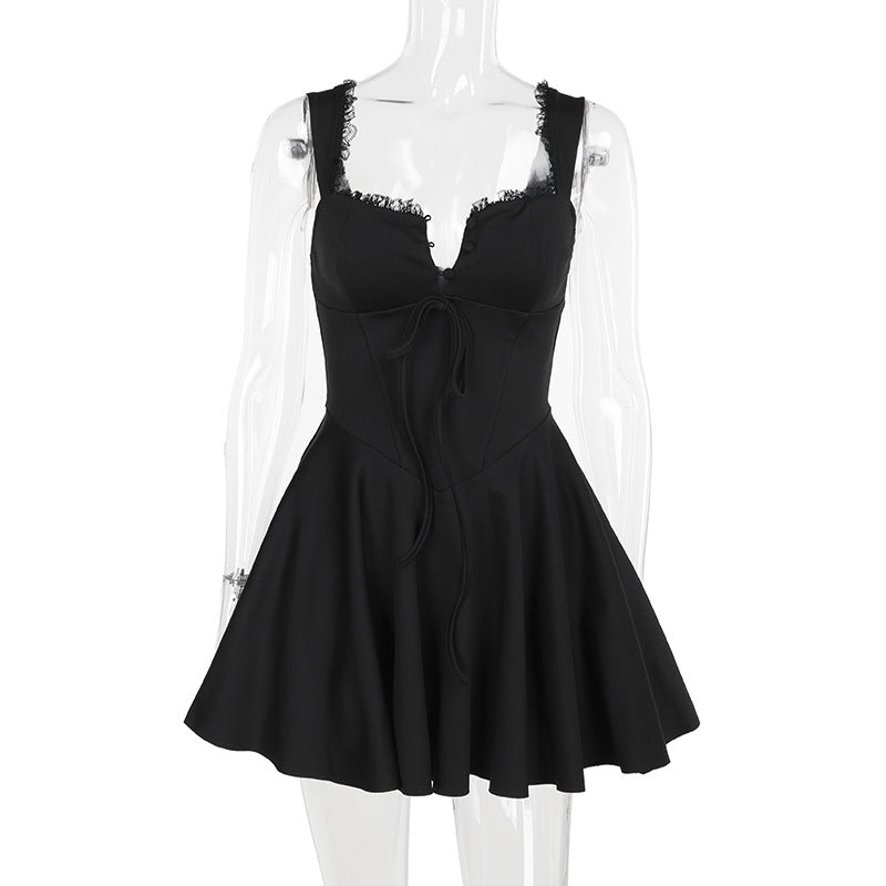 Damen schickes Kurzkleid mit Spitzenelementen und tailliertem Design Drune