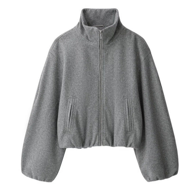 Damen Kurz geschnittene Wollmix-Jacke mit Stehkragen, Reißverschluss und Ballonärmeln Drune