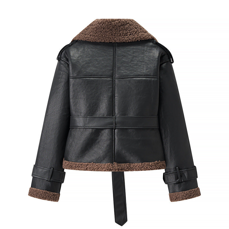 Damen trendige Bikerjacke mit Kunstfellkragen und Gürtel Drune