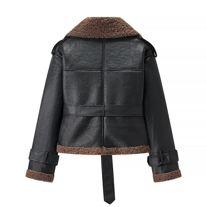 Damen trendige Bikerjacke mit Kunstfellkragen und Gürtel Drune