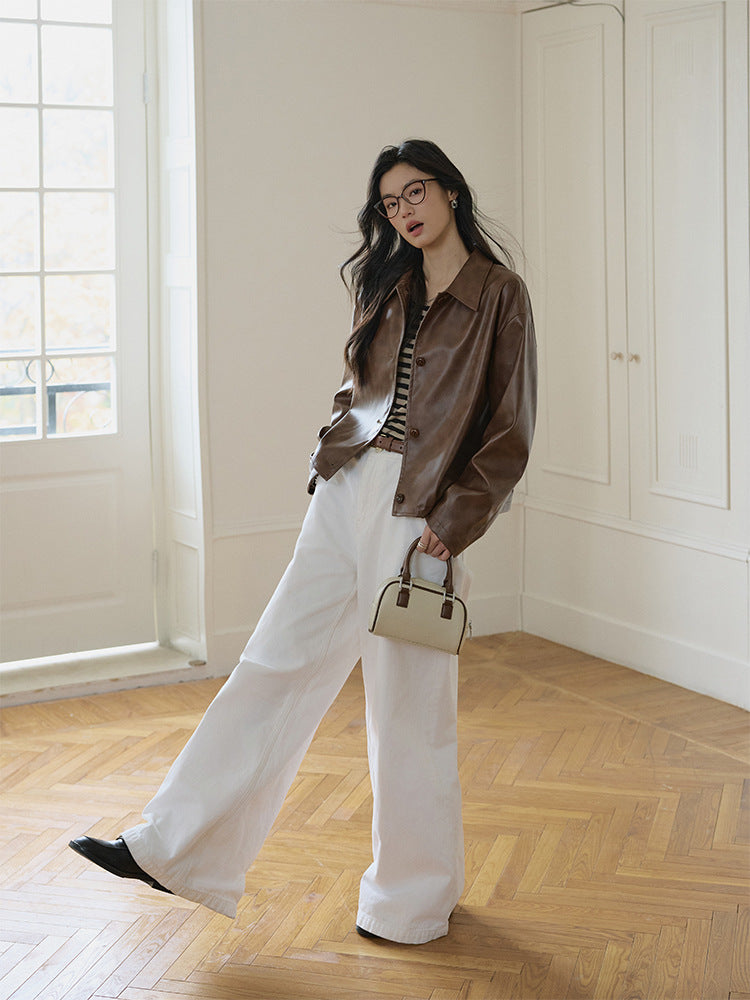 Damen Boxy-Lederoptik-Jacke mit Hemdkragen und Knopfleiste Drune