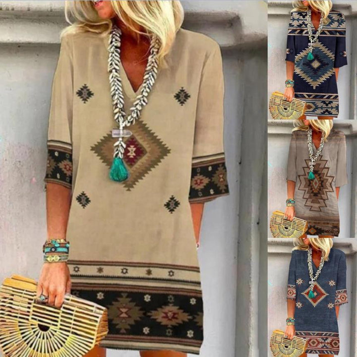 Damen Boho Tunika Kleid mit V-Ausschnitt, 3/4 Ärmeln und geometrischem ethnischem Druck Drune