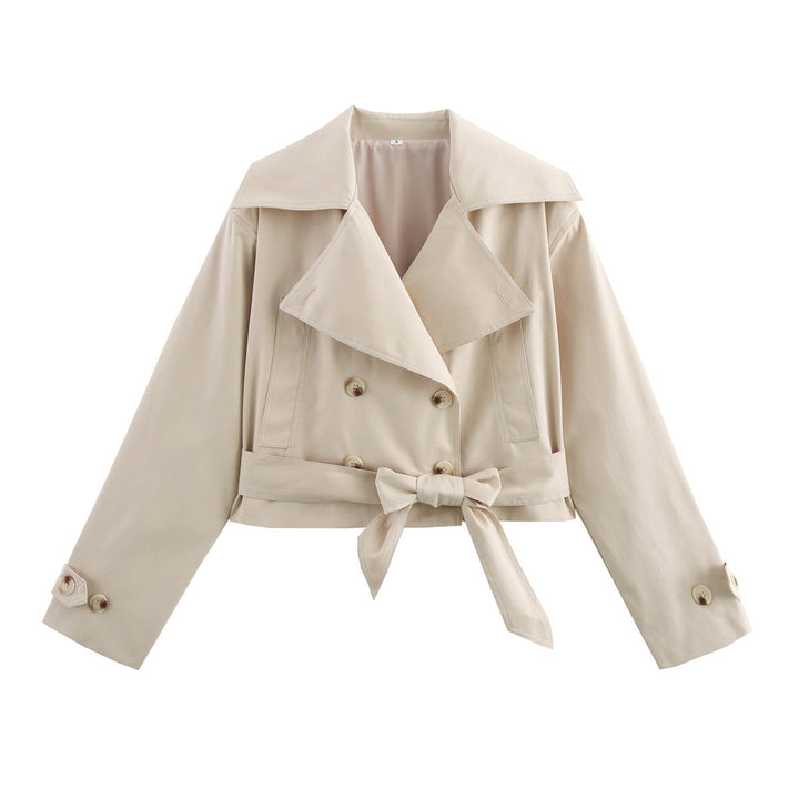 Damen Modische Kurzjacke mit breitem Kragen und Bindegürtel Drune