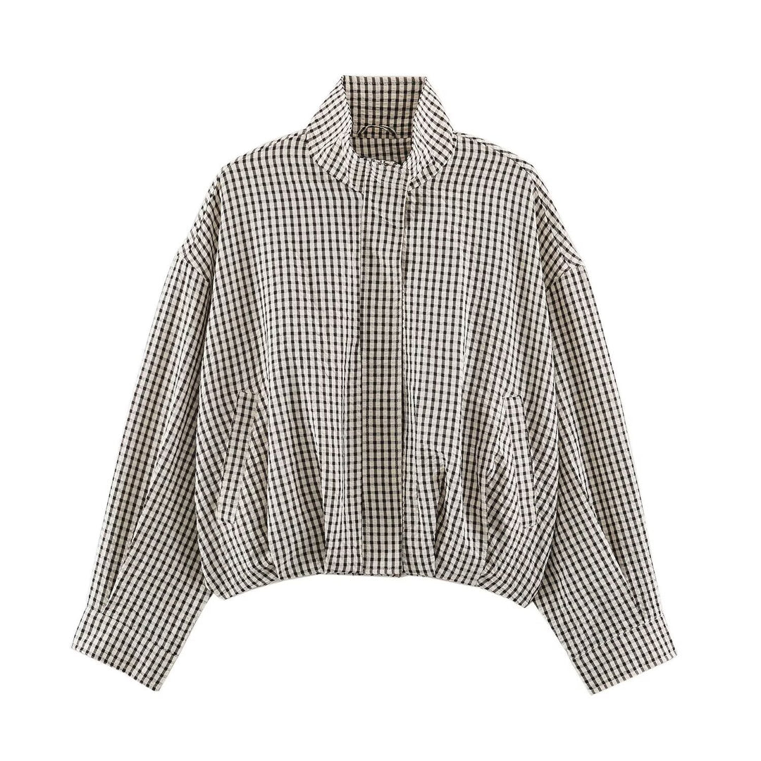 Damen Karo-Übergangsjacke im Oversize-Cropped-Schnitt mit hohem Stehkragen Drune