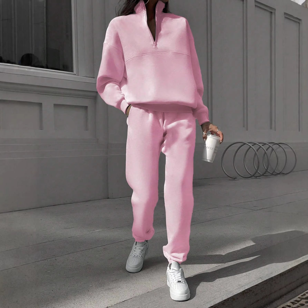 Damen Oversize Sweat-Set mit halbem Reißverschluss, Stehkragen und lässiger Jogginghose Drune