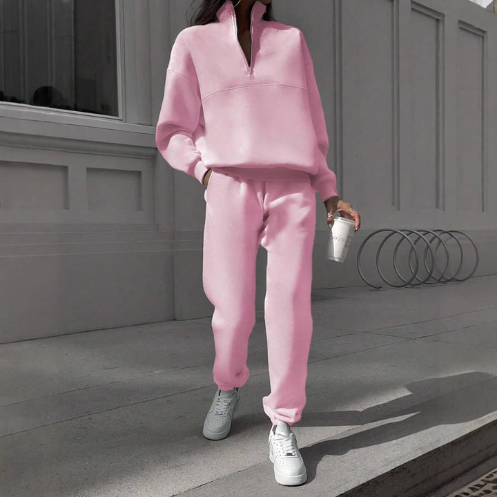Damen Oversize Sweat-Set mit halbem Reißverschluss, Stehkragen und lässiger Jogginghose Drune