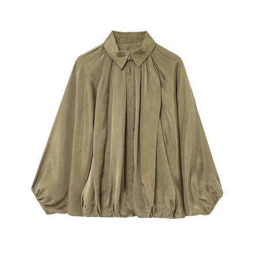Damen Oversize-Hemdbluse mit Reißverschluss, Kräuselung und Ballonärmeln Drune