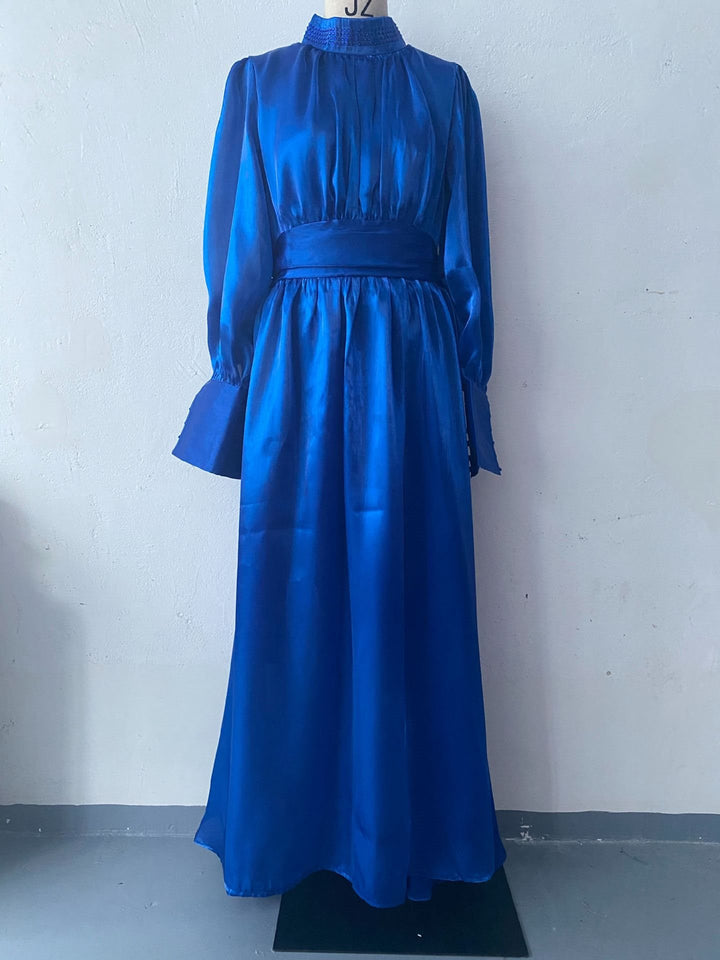 Damen Elegantes Chiffon-Maxikleid mit tailliertem Wickelbund, Stehkragen und langen Puffärmeln Drune