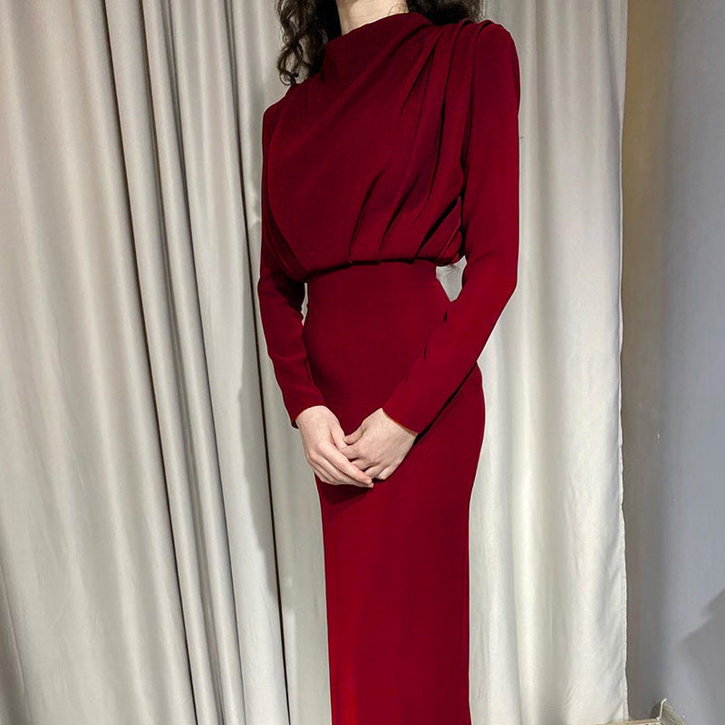 Damen nan elegantes Midikleid mit Drapierter Wasserfall-Front, taillierter Bleistift-Silhouette und langen Ärmeln Drune