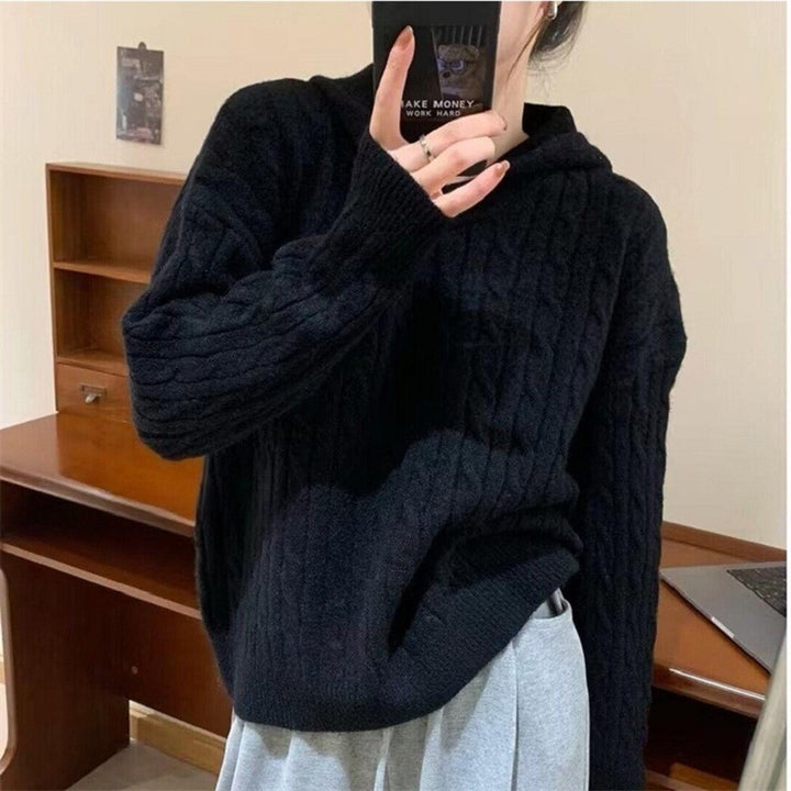 Damen Kuscheliger Strickpullover mit Kapuze und Kabelmuster Drune