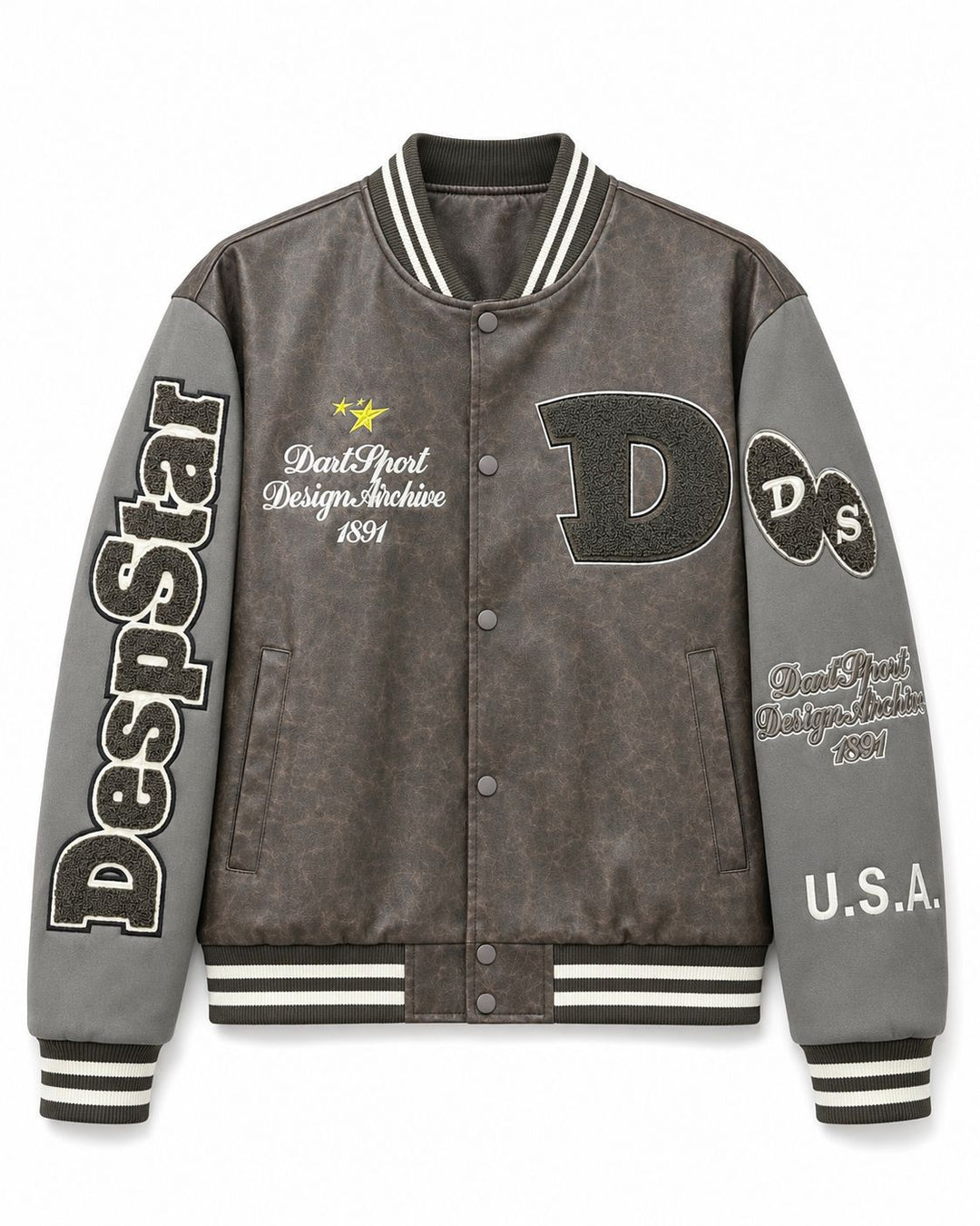 Herren Varsity-Bomberjacke im College-Stil aus Lederimitat mit Applikationen Drune