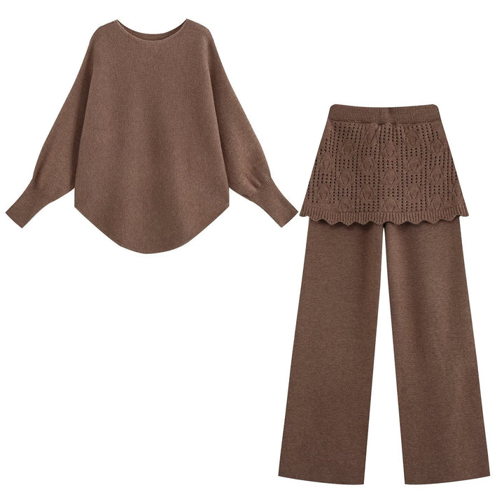 Damen Zweiteiliges Strick-Set mit Oversize-Pullover, Lochmuster-Miniüberrock und weiter Palazzohose Drune