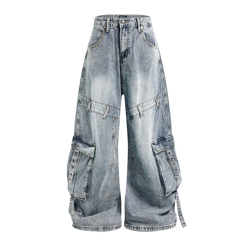 Damen weite Denim-Cargo-Culottehose mit hoher Taille und Multifunktionstaschen Drune