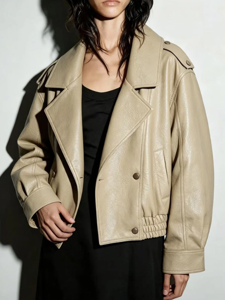 Damen Oversize Lederimitat-Blouson mit doppelreihiger Knopfleiste, weitem Revers und elastischem Saum Drune
