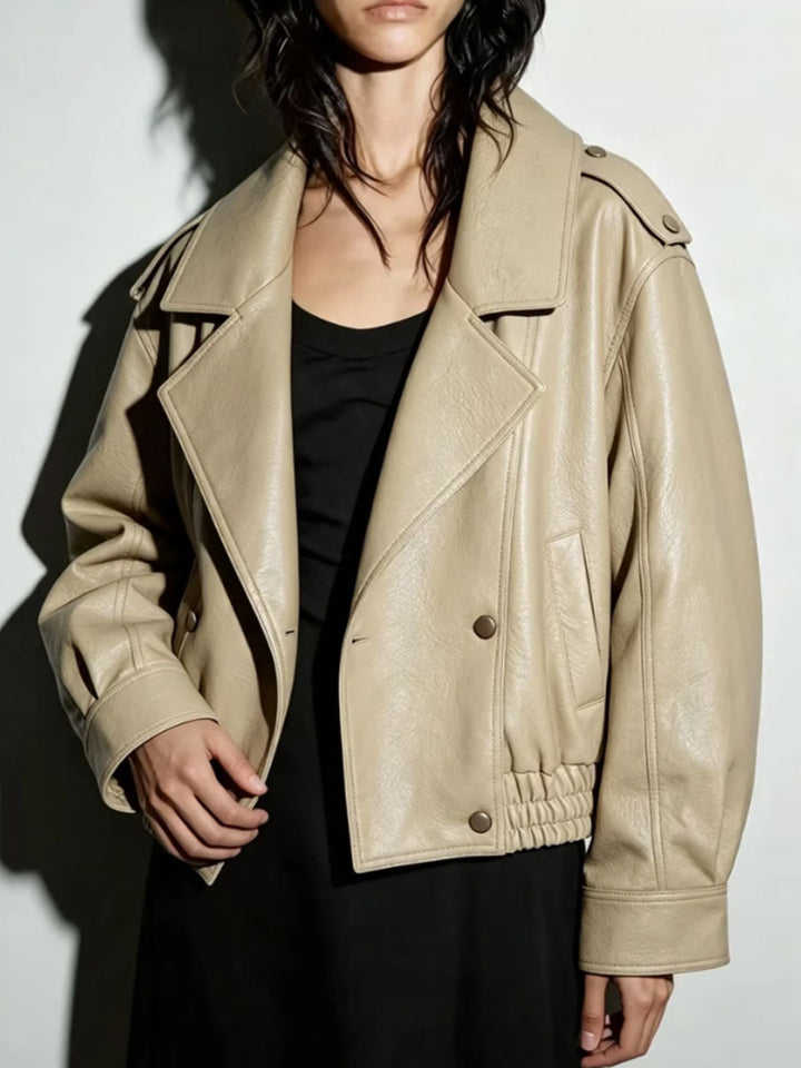 Damen Oversize Lederimitat-Blouson mit doppelreihiger Knopfleiste, weitem Revers und elastischem Saum Drune