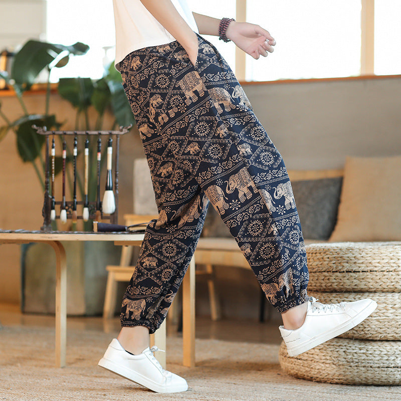 Herren Weite Haremshose im Boho-Print mit elastischem Tunnelzug und gekräuseltem Knöchelbund Drune