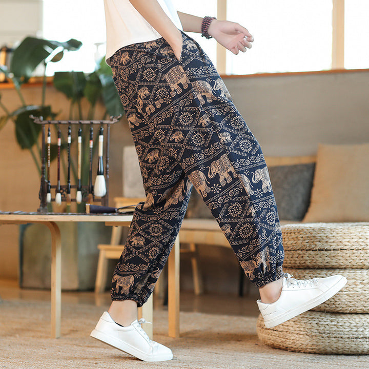 Herren Weite Haremshose im Boho-Print mit elastischem Tunnelzug und gekräuseltem Knöchelbund Drune
