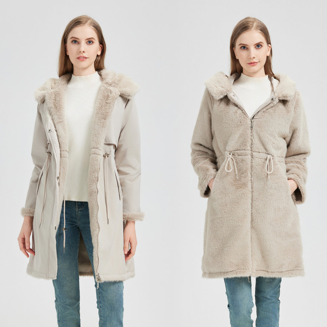 Damen Eleganter und warmer Parka mit abnehmbarem Kunstfellkragen und praktischen Schnürdetails Drune