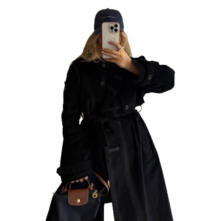 Damen langer Cord-Trenchcoat mit Bindegürtel und Oversize-Schultern Drune