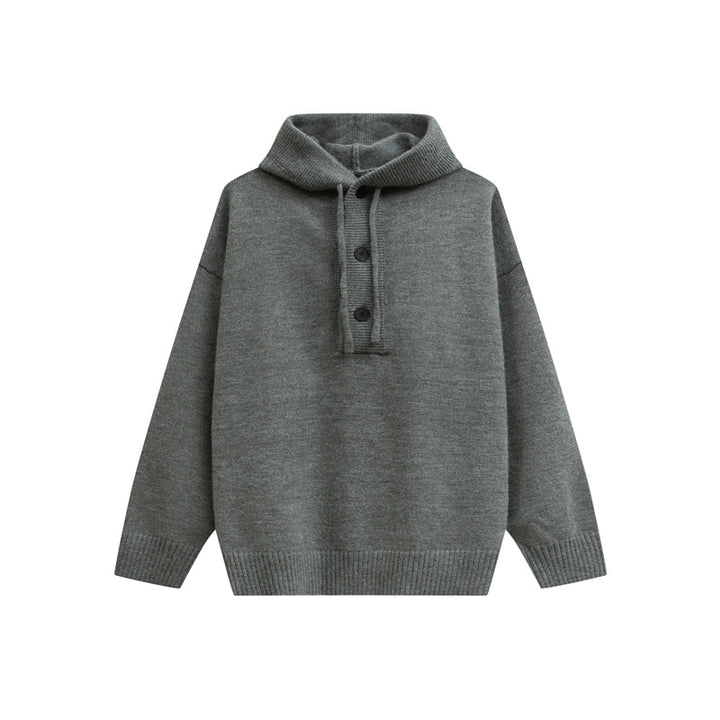 Damen Oversize Kapuzenstrickpullover mit halber Knopfleiste und Rippbündchen Drune