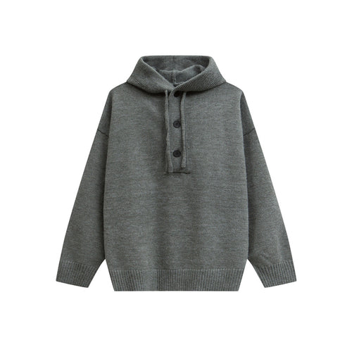 Damen Oversize Kapuzenstrickpullover mit halber Knopfleiste und Rippbündchen Drune