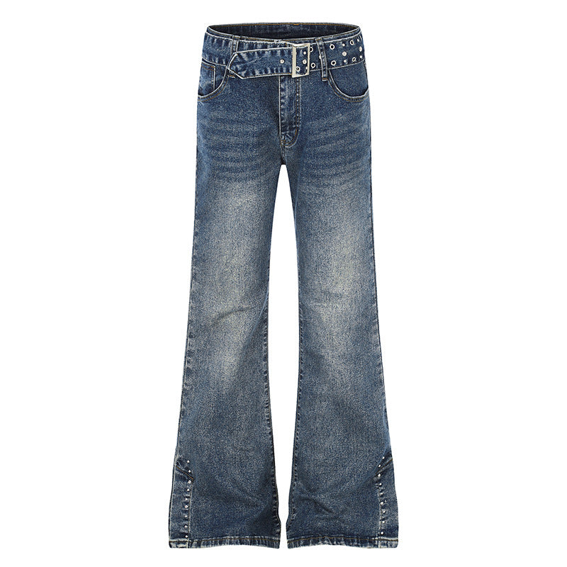 Damen High-Waist Flared-Denimjeans mit Nietenbesatz, weitem Schlag und Ziergürtel Drune