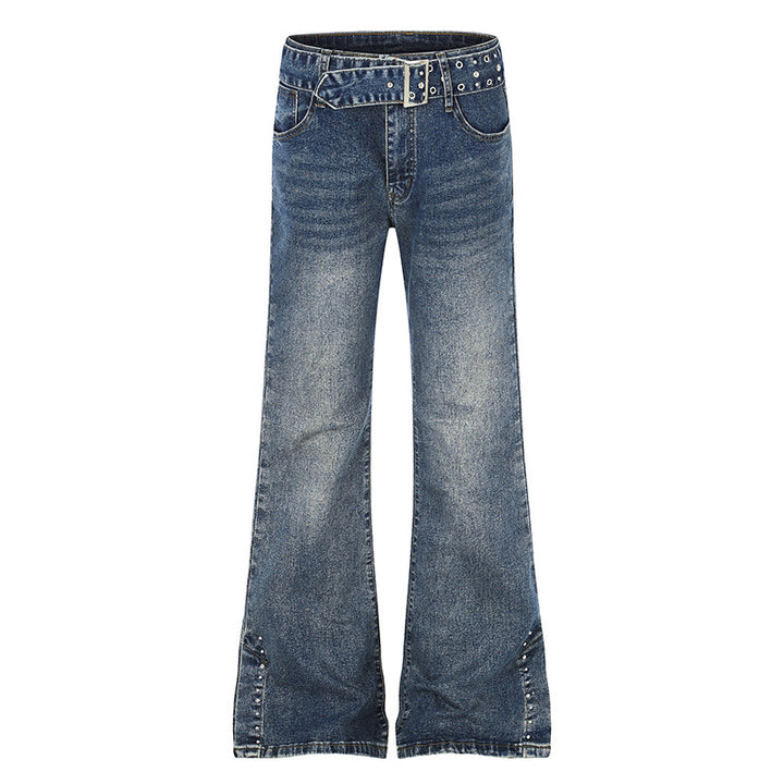 Damen High-Waist Flared-Denimjeans mit Nietenbesatz, weitem Schlag und Ziergürtel Drune