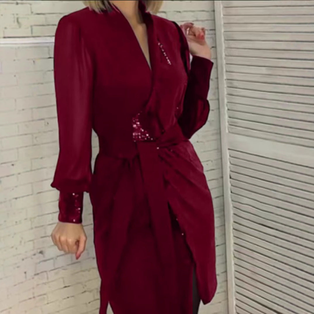 Damen nan tailliertes Wickelkleid mit semitransparenten Puffärmeln, dezentem Paillettenbesatz und Bindegürtel Drune
