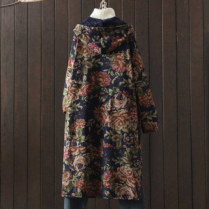 Drune | Langer Mantel im Vintage-Stil mit Blumendruck