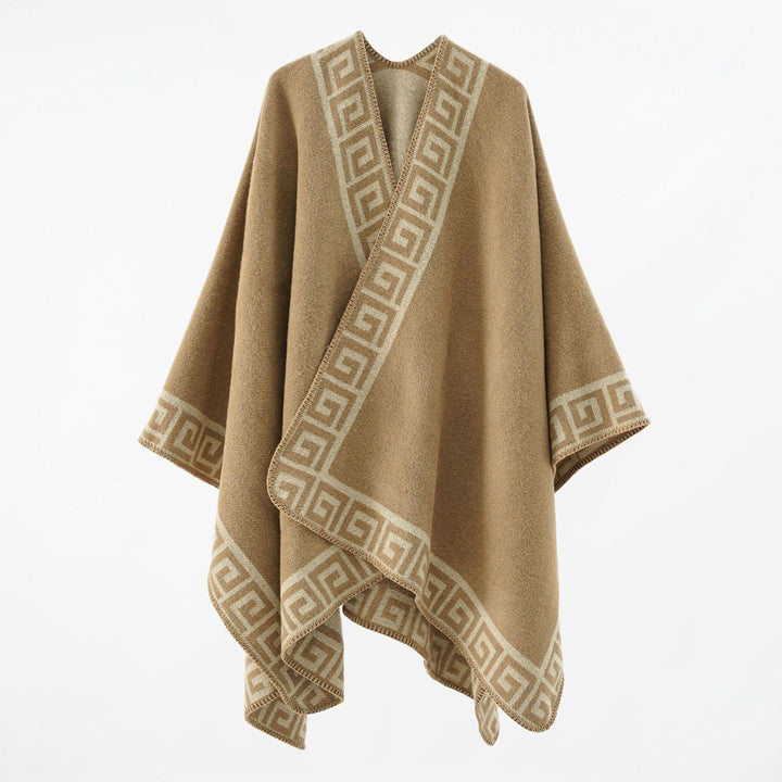 Damen Cape‑Poncho mit Mäander‑Bordüre und Wollmix‑Qualität Drune