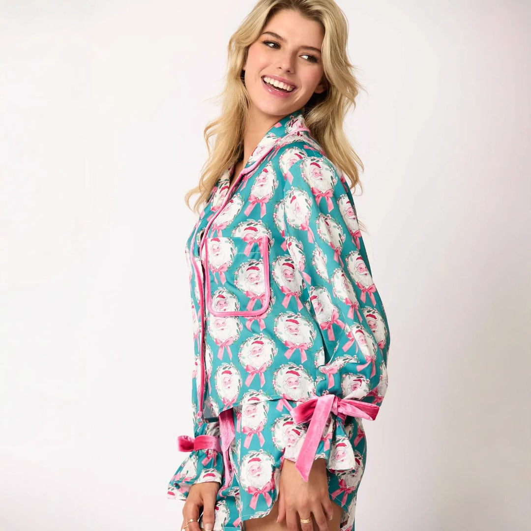 Damen nan verspieltes zweiteiliges Pyjama-Set mit Volantärmeln, Kordelzug und Brusttasche Drune
