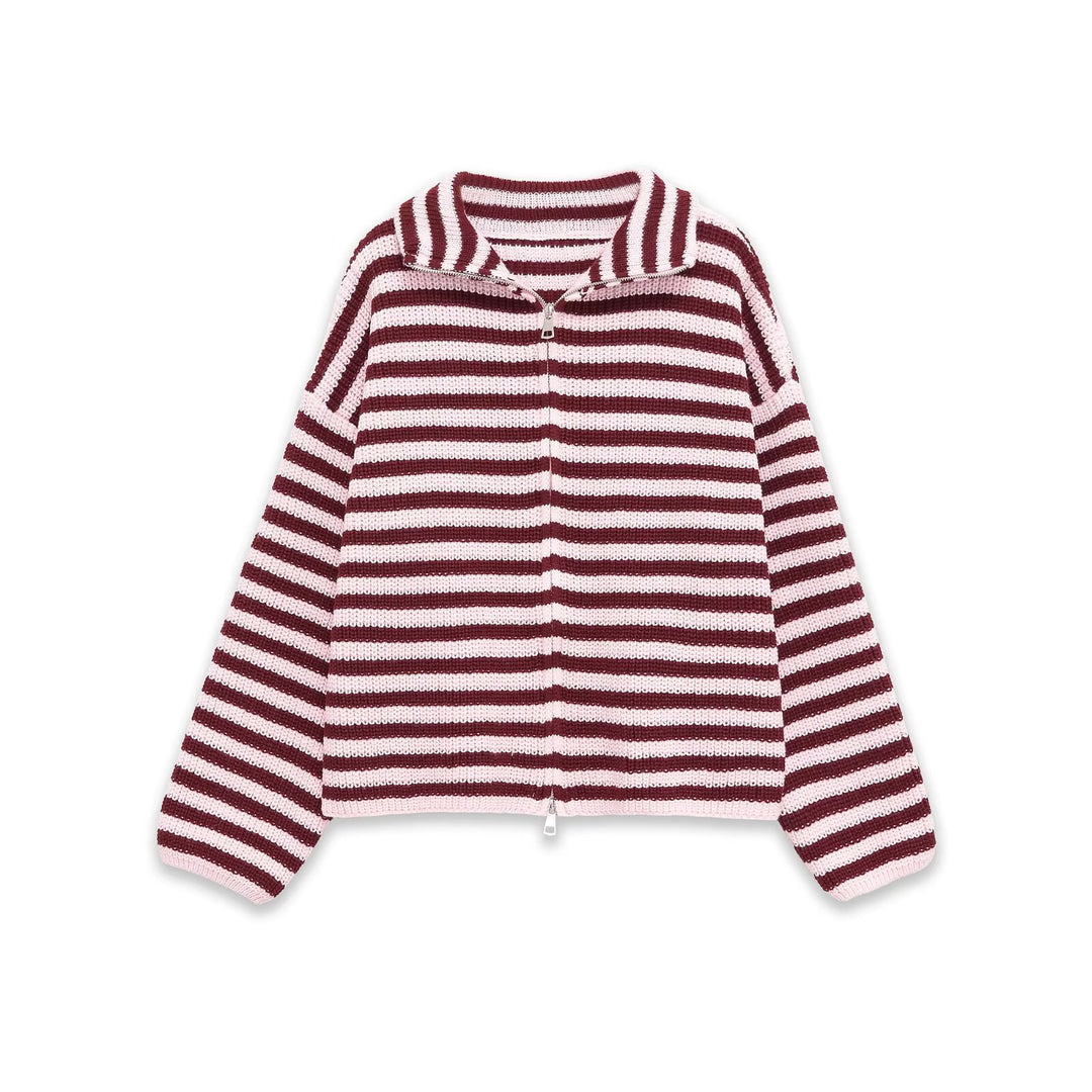 Damen Gestreifte Strick‑Zipjacke im Cropped‑Boxy‑Schnitt mit Hemdkragen Drune