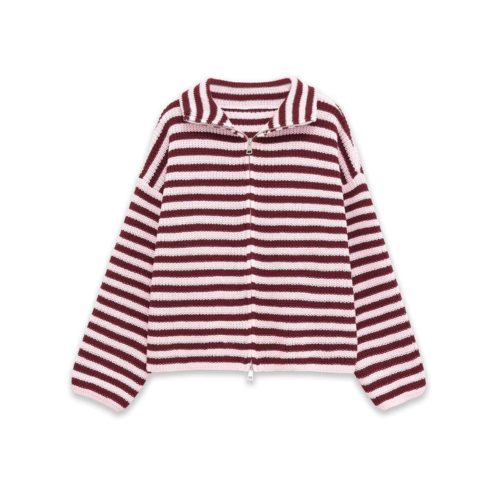 Damen Gestreifte Strick‑Zipjacke im Cropped‑Boxy‑Schnitt mit Hemdkragen Drune