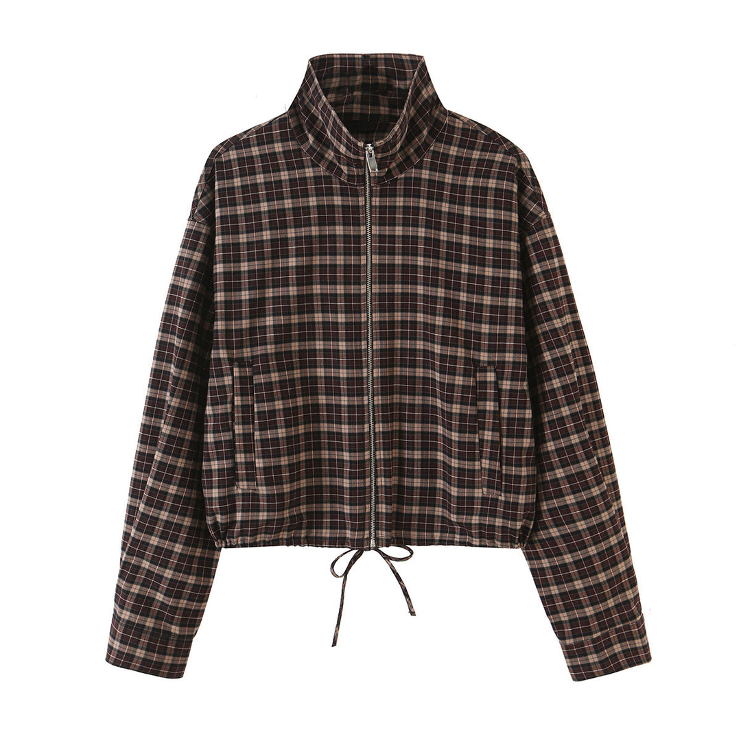 Damen Karierter Cropped-Blouson mit Stehkragen, Tunnelzugsaum und Eingrifftaschen Drune