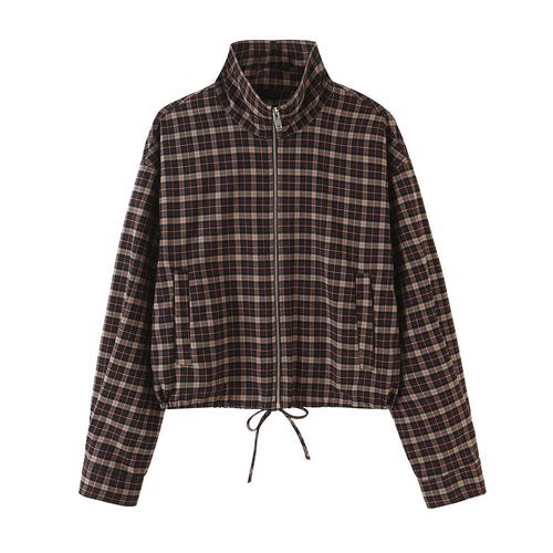 Damen Karierter Cropped-Blouson mit Stehkragen, Tunnelzugsaum und Eingrifftaschen Drune