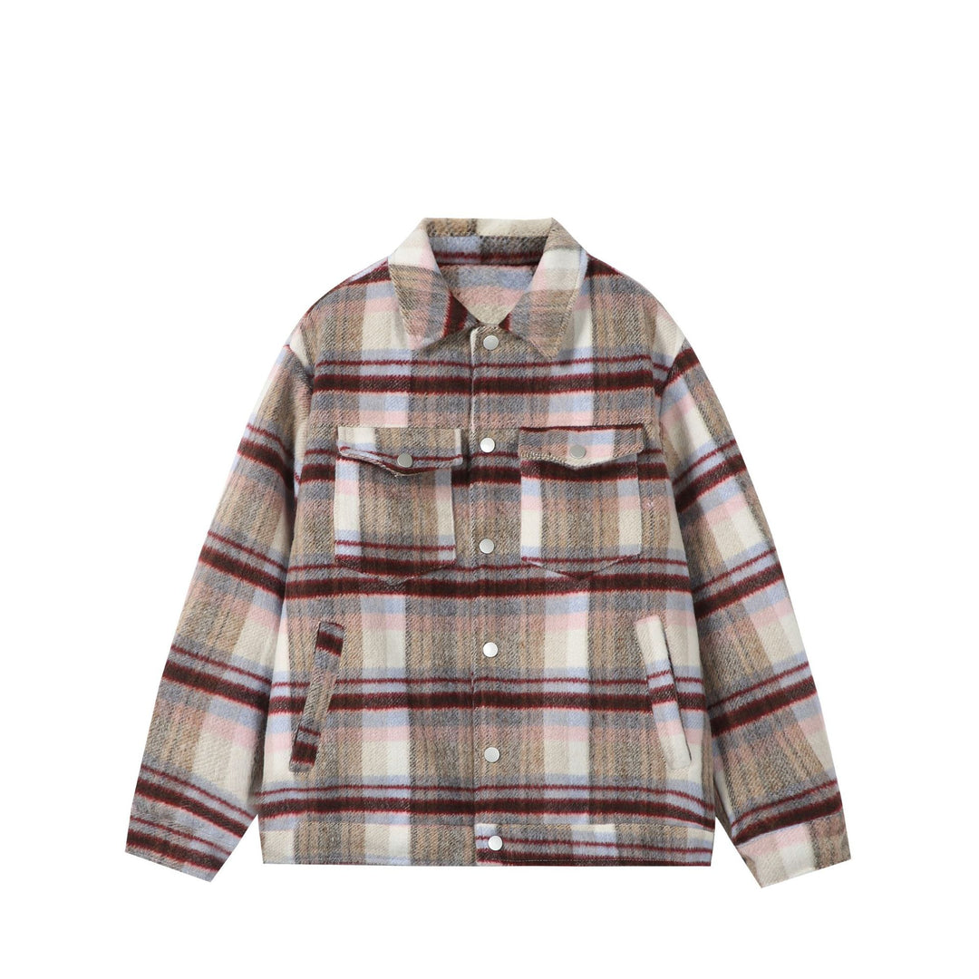 Damen Kurz geschnittene karierte Overshirt‑Jacke aus Wollmix mit Druckknopf‑Front und Pattentaschen Drune