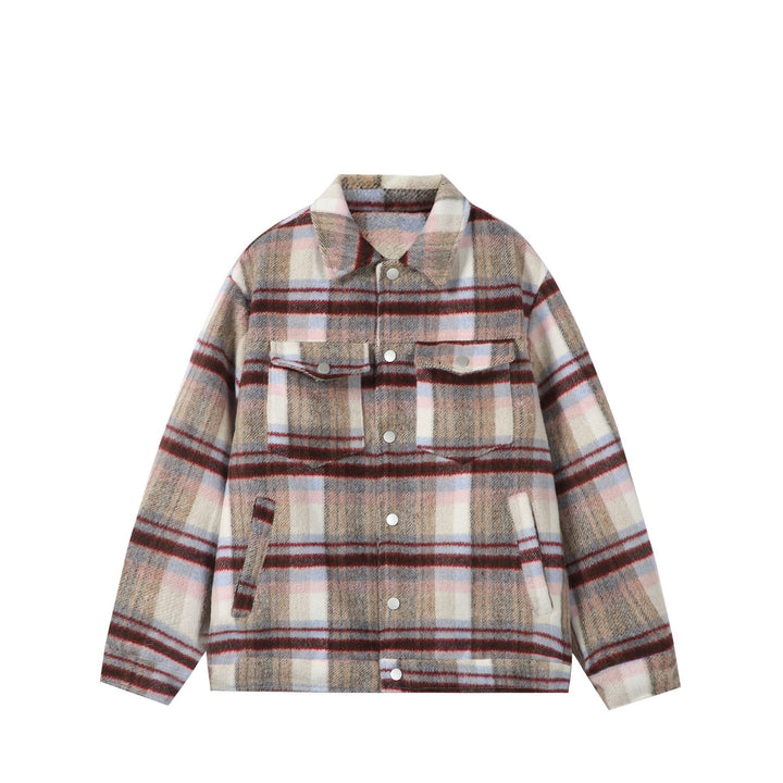 Damen Kurz geschnittene karierte Overshirt‑Jacke aus Wollmix mit Druckknopf‑Front und Pattentaschen Drune