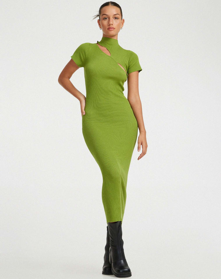 Damen figurbetontes Strickkleid mit asymmetrischem Ausschnitt und hohem Kragen Drune