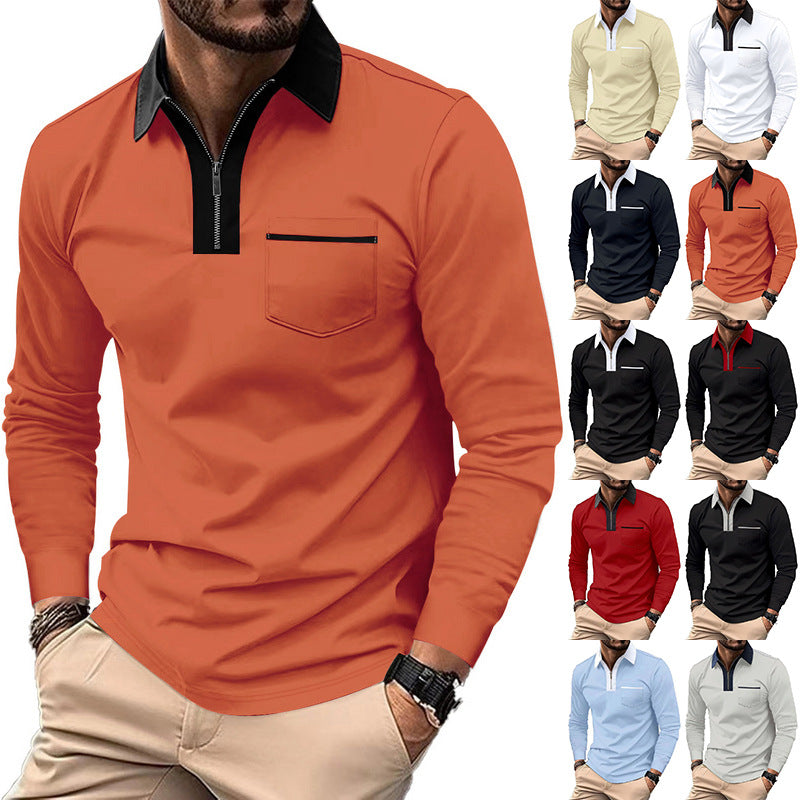 Herren nan elegantes Langarm-Poloshirt mit markantem Stehkragen Metall-Kurzreißverschluss und Brustleistentasche Drune