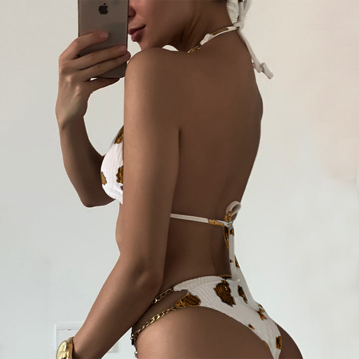 Damen Triangel-Bikini mit luxuriösen Kettenakzenten und modischem Kuhmuster Drune