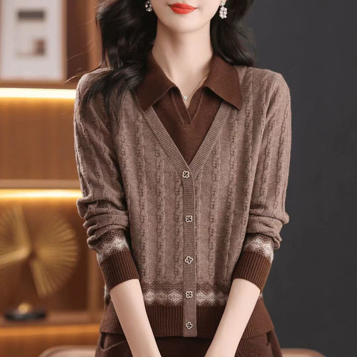 Damen elegante Strickjacke mit V-Ausschnitt Drune