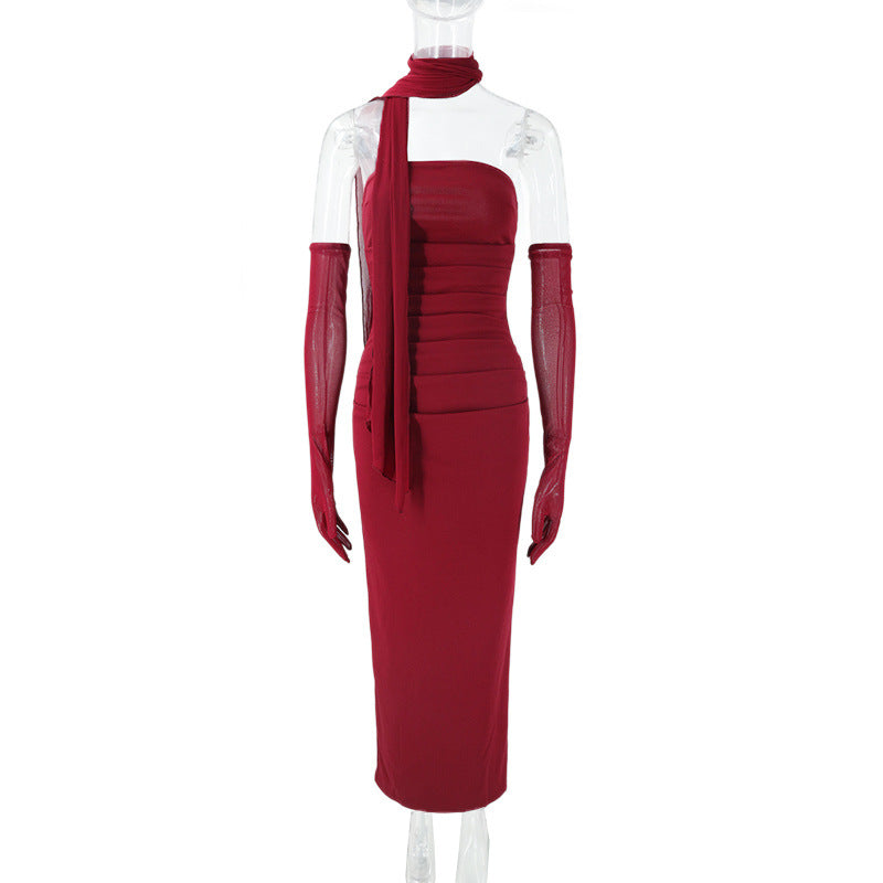Damen figurbetontes Abendkleid mit Schulterband und langen Handschuhen Drune