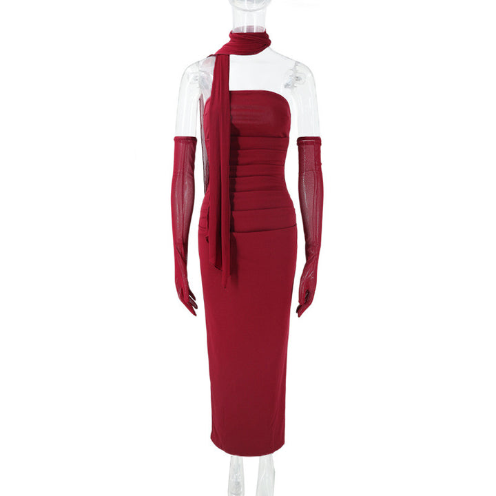 Damen figurbetontes Abendkleid mit Schulterband und langen Handschuhen Drune