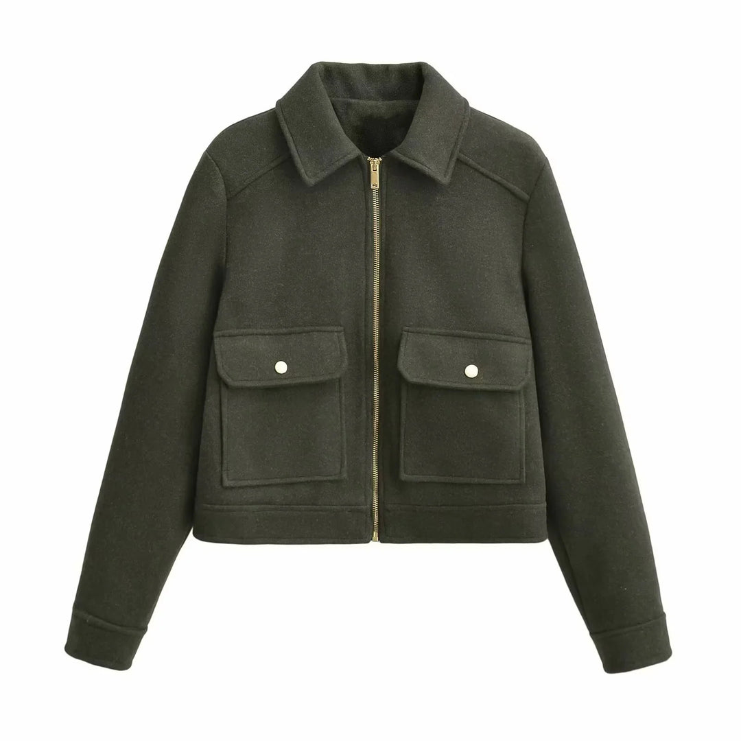 Damen nan boxy Wollblend Shacket mit verdecktem Metallreißverschluss, Hemdkragen und aufgesetzten Pattentaschen Drune