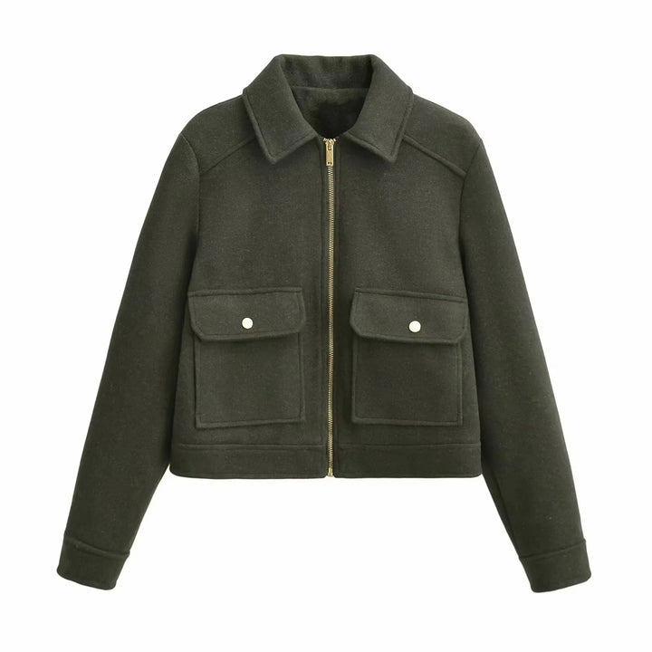 Damen nan boxy Wollblend Shacket mit verdecktem Metallreißverschluss, Hemdkragen und aufgesetzten Pattentaschen Drune
